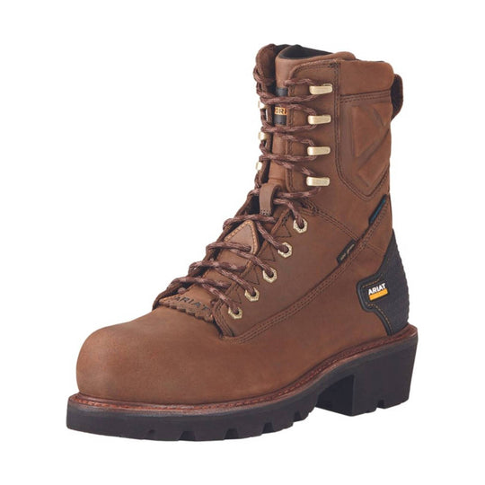 Brown lace-up work boot with a composite toe, padded collar, and black lug sole
