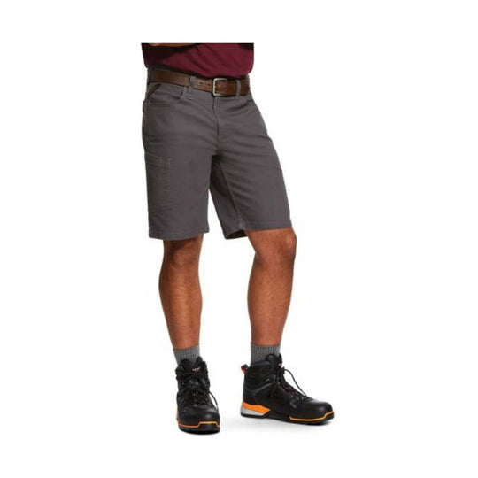 Gray men’s cargo shorts shown on a model with a belt and black work boots
