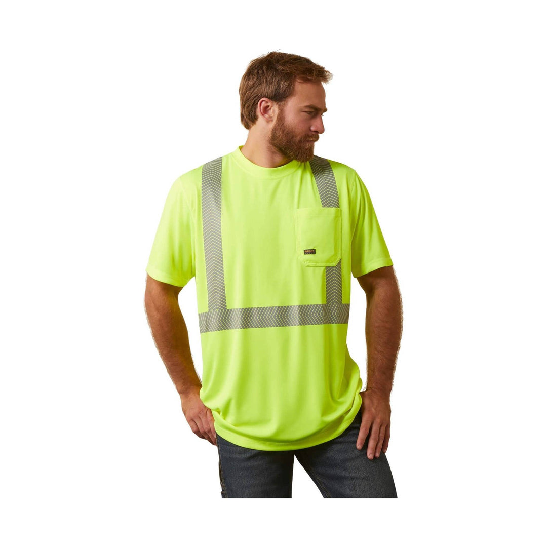 High-visibility neon yellow short-sleeve T-shirt with reflective silver stripes and chest pocket