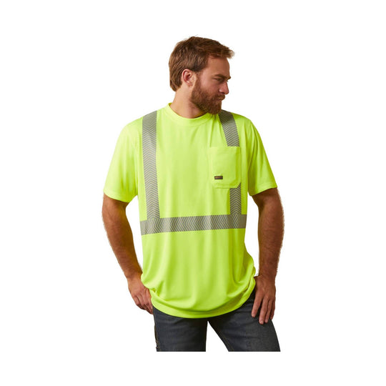 High-visibility neon yellow short-sleeve T-shirt with reflective silver stripes and chest pocket