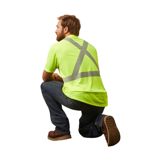 Lime hi-vis T-shirt shown from the back with reflective gray X-shaped stripes and a horizontal stripe