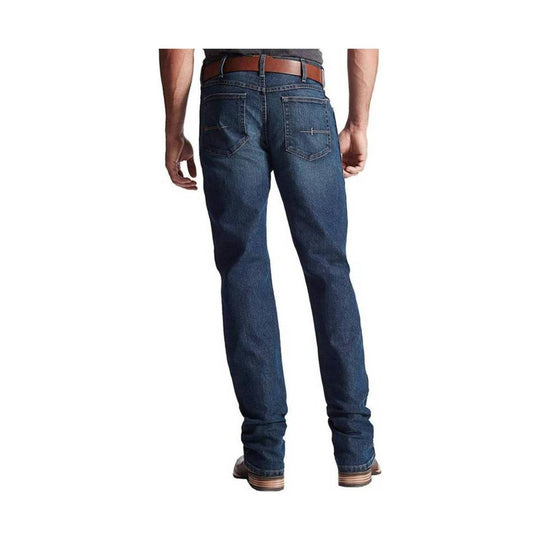 Dark wash men’s bootcut jeans shown from the back