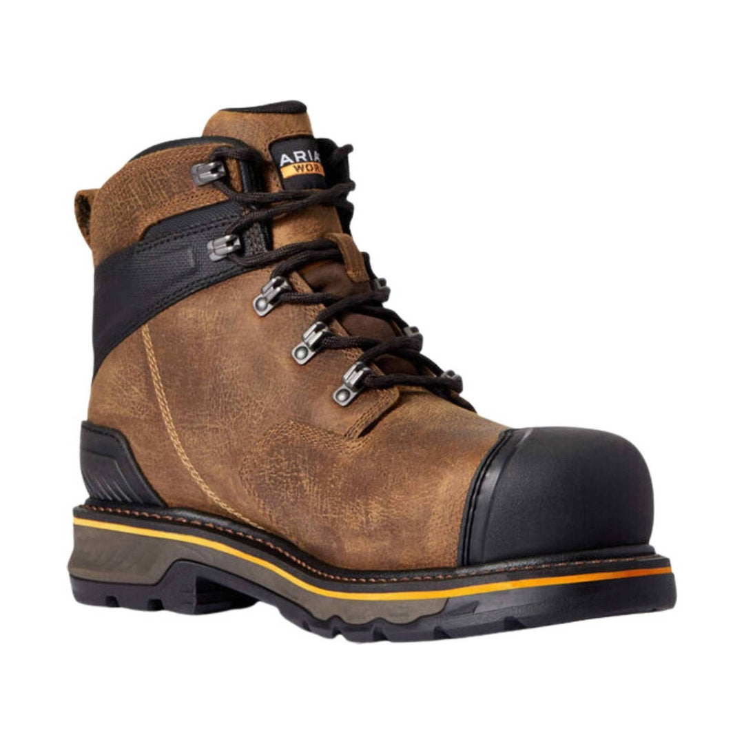 Brown lace-up work boot with black toe cap, padded collar, and rugged treaded sole