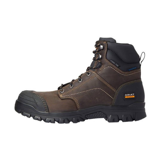 Brown and black lace-up work boot with a reinforced toe, thick treaded sole, and padded collar