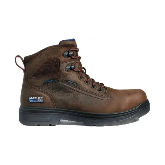 Brown lace-up work boot with black lug sole, padded collar, and side pull tab