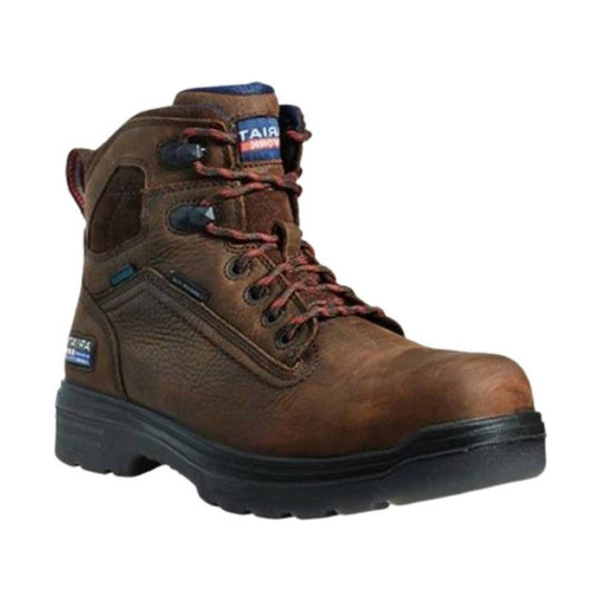 Brown lace-up work boot with a black rubber sole and metal eyelets