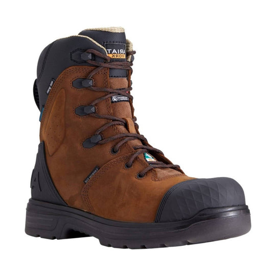 Brown lace-up work boot with black toe cap, thick tread sole, and padded collar
