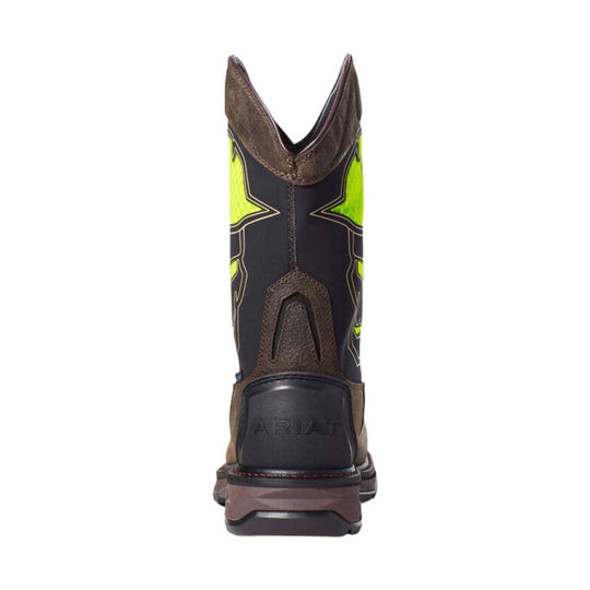 Rear view of a black and brown western work boot with bright neon green side panels and Ariat branding on the heel