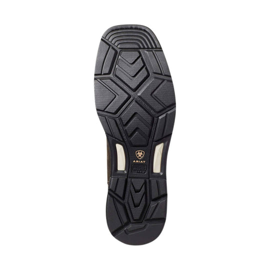 Black boot outsole with geometric tread and visible Ariat logo near the arch