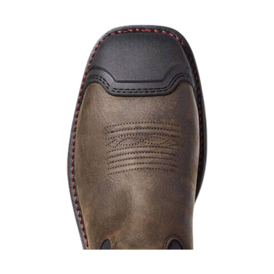 Brown leather square-toe work boot with black toe cap and red stitching