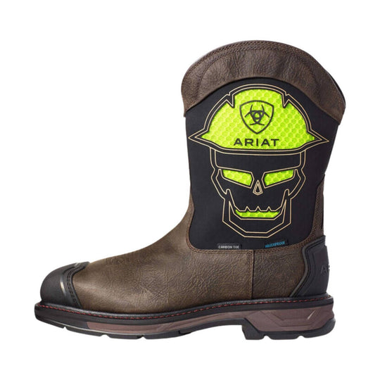 Brown western work boot with black shaft and neon green skull graphic, shown in profile