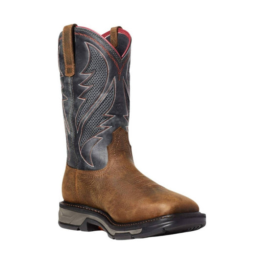 Brown leather cowboy boot with a dark patterned shaft, red trim, and a rubber outsole
