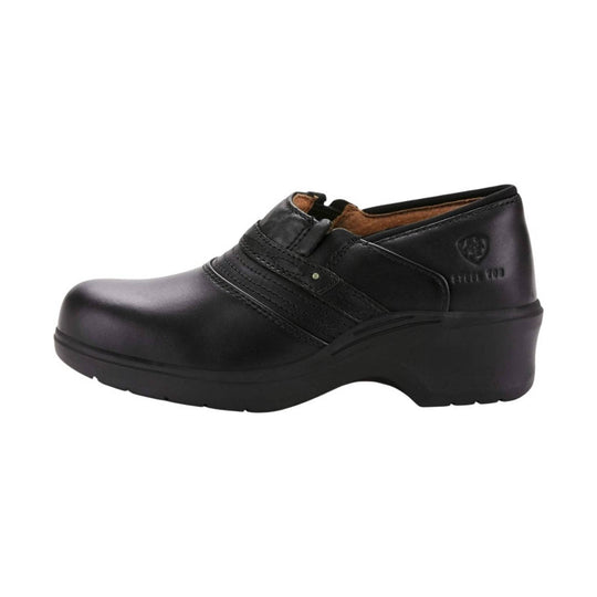 Black leather clog-style work shoe with thick tread sole and side logo