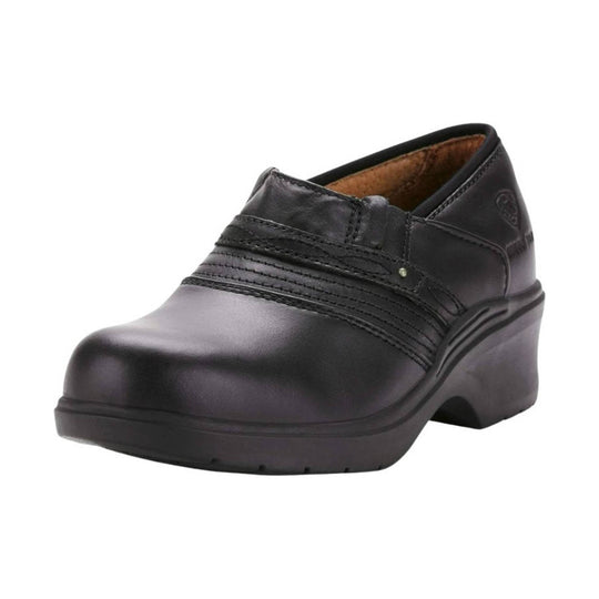 Black slip-on clog with a chunky wedge sole and stitched leather upper