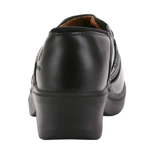 Black wedge clog shown from the back
