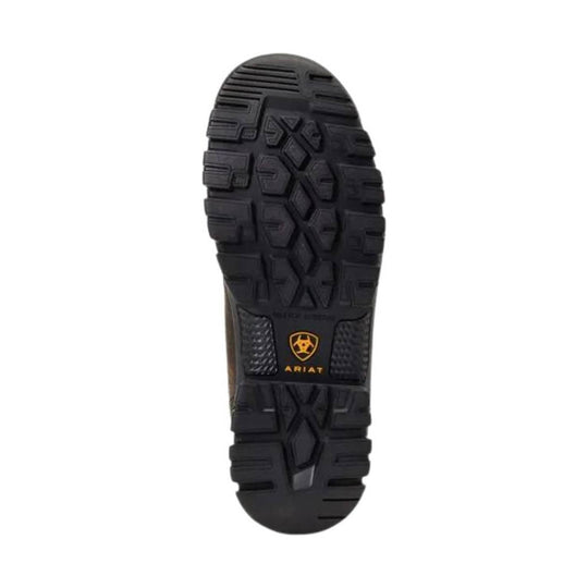 Black boot outsole with rugged tread and Ariat logo