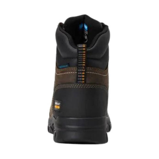 Dark brown and black work boot shown from the back with a padded collar and stitched overlays