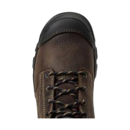 Brown lace-up work boot with a black toe cap, shown from above