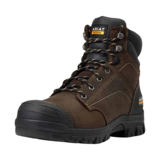 Brown and black lace-up work boot with reinforced toe and padded collar