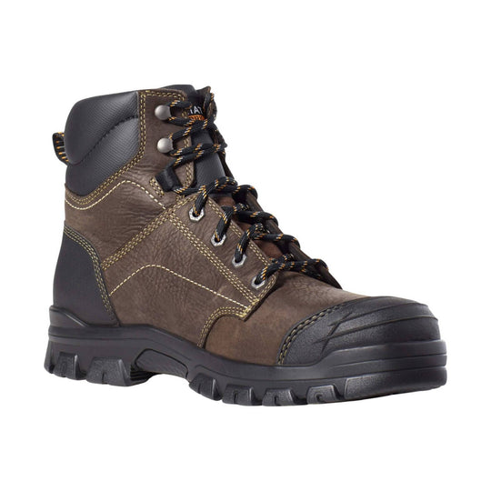 Brown and black lace-up work boot with reinforced toe and rugged lug sole