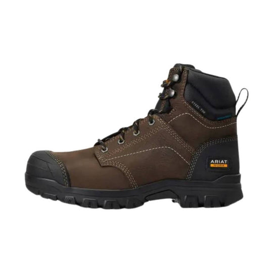 Brown leather lace-up work boot with a black padded collar, reinforced toe, and black lug sole