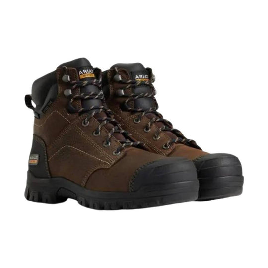 Brown lace-up work boots with black padded collars, reinforced black toe caps, and visible ARIAT logos