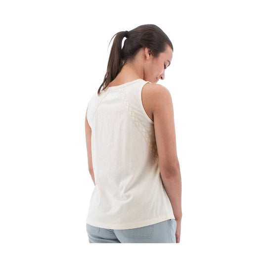 Back view of a cream sleeveless tank top with a scoop hem and stitched seam details