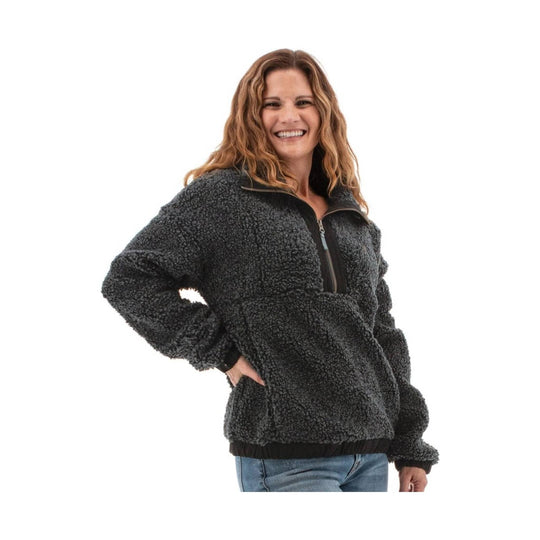 Dark charcoal sherpa fleece pullover with quarter-zip collar and kangaroo pocket