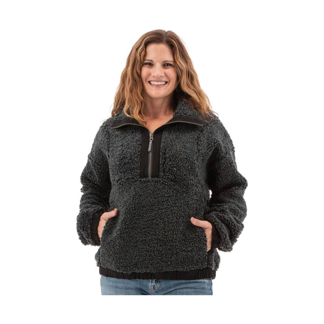 Dark charcoal fleece pullover with half-zip collar and front kangaroo pocket