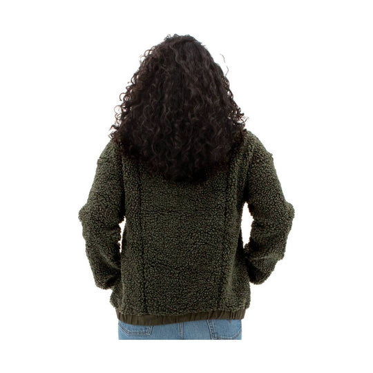 Dark olive sherpa fleece top shown from the back