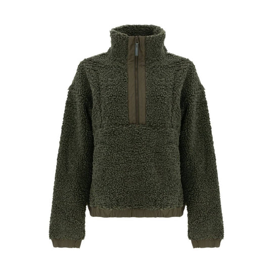 Olive green fleece pullover with half-zip front and stand collar