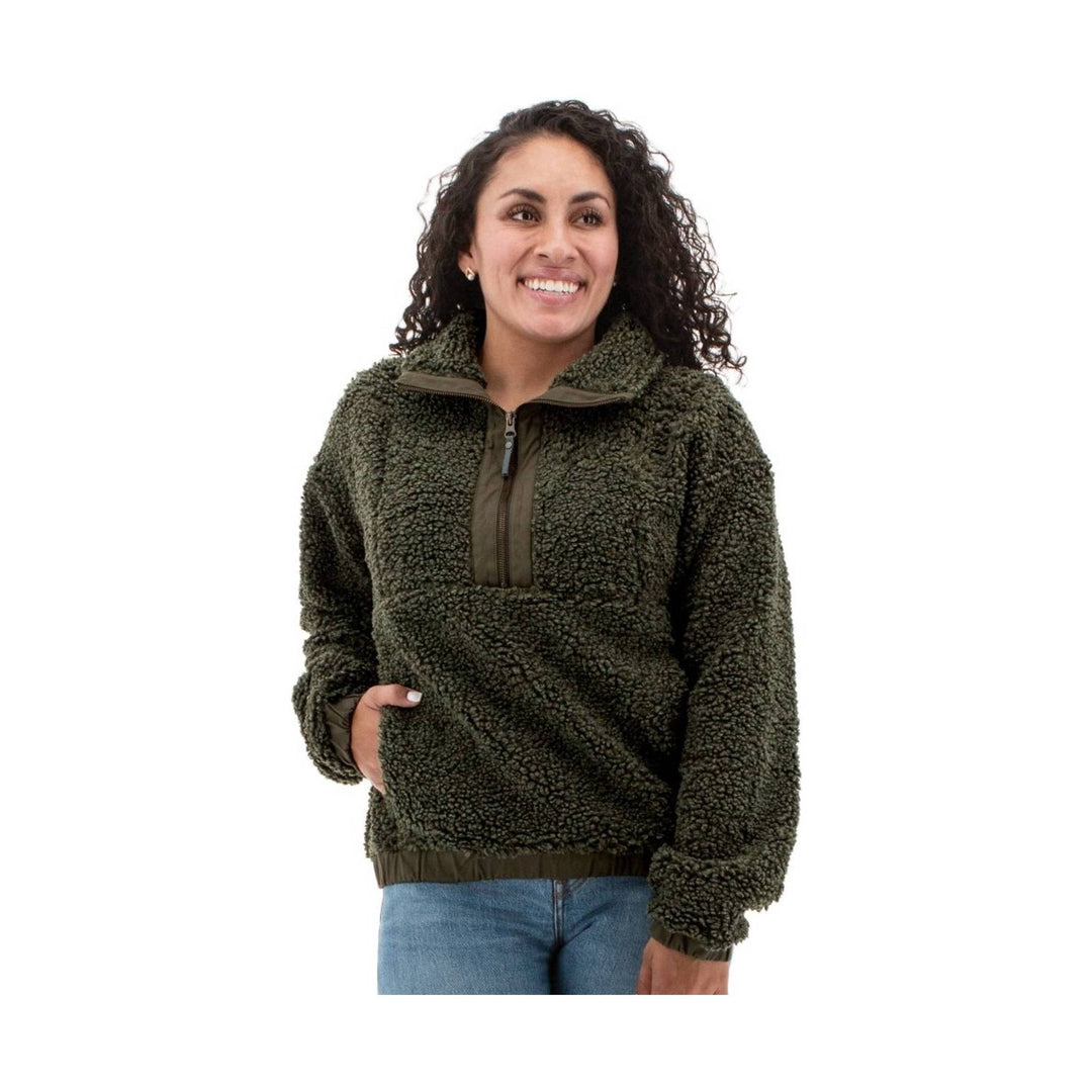 Olive green sherpa fleece pullover with half-zip collar and side hand pocket