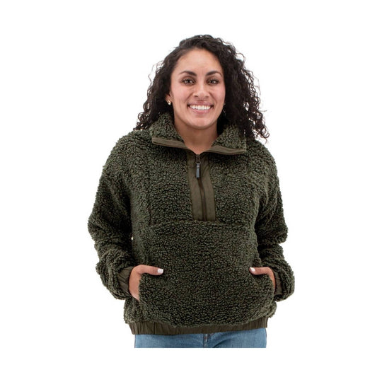 Dark olive sherpa fleece pullover with quarter zip and front pouch pocket
