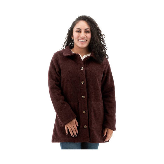 Dark brown textured button-front coat with collar and patch pockets, shown on a model