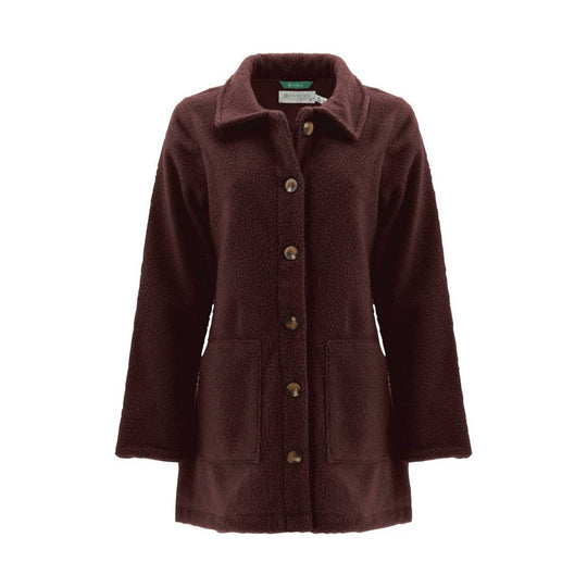 Brown textured button-front coat with wide collar and long sleeves