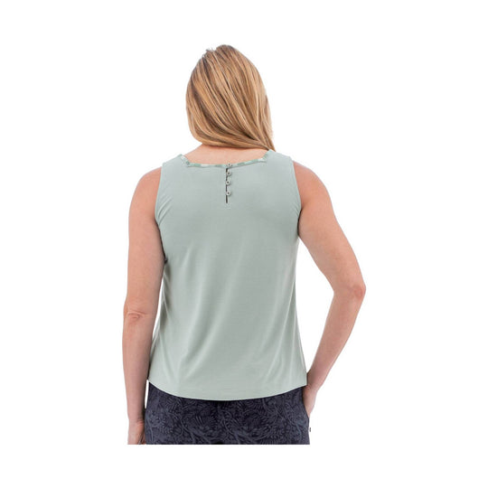 Light sage sleeveless tank top shown from the back with a button placket at the neckline.