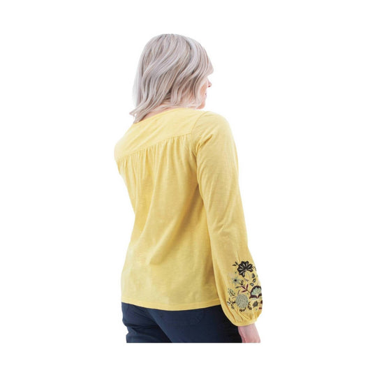Yellow long-sleeve blouse with floral embroidery on the sleeve, shown from the back