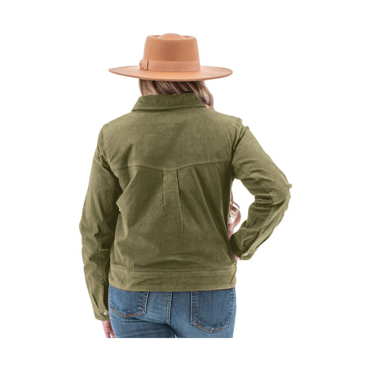 Olive green corduroy jacket shown from the back, worn with blue jeans and a tan wide-brim hat