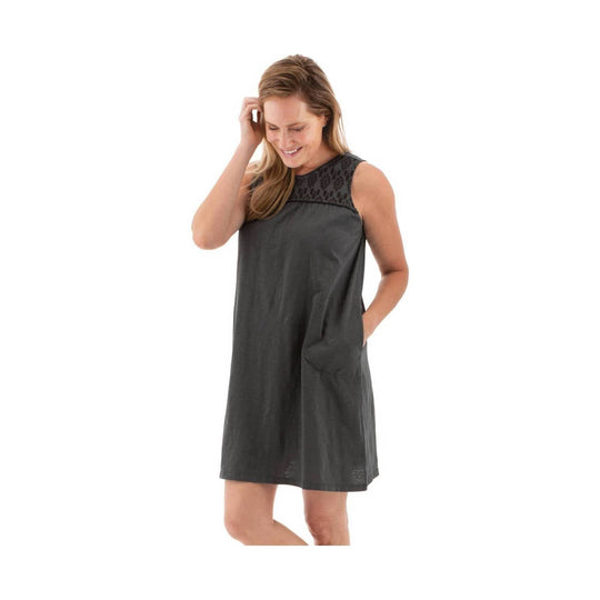 Dark gray sleeveless dress with lace yoke and side pockets