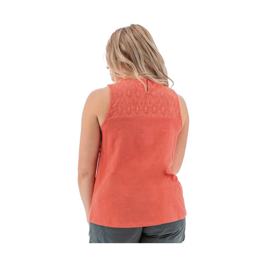 Coral sleeveless top with lace yoke shown from the back