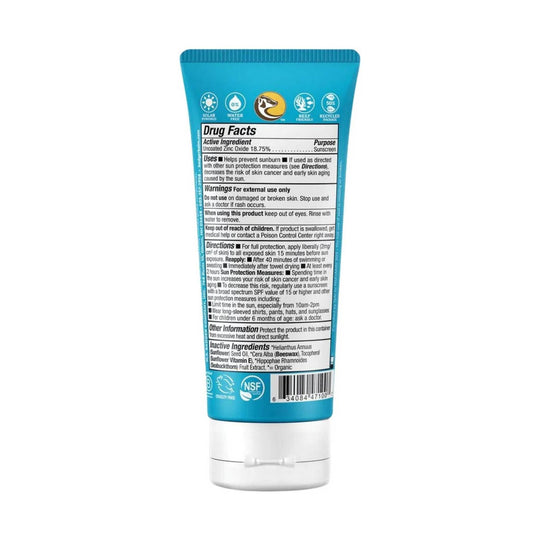 Blue sunscreen tube shown from the back with a Drug Facts label and white cap