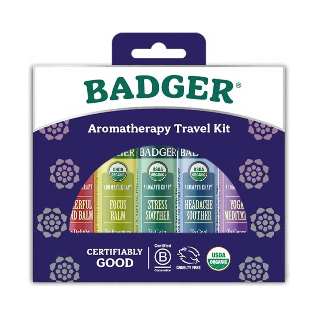 Purple retail box with a front window showing colorful aromatherapy balm tubes