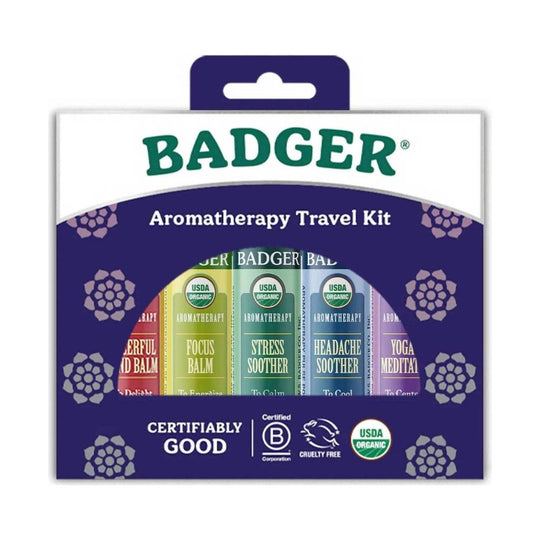 Purple retail box with a front window showing colorful aromatherapy balm tubes