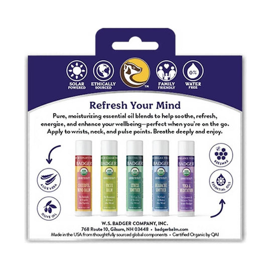 Five essential oil balm tubes in a retail pack labeled “Refresh Your Mind” with eco icons and ingredient callouts.