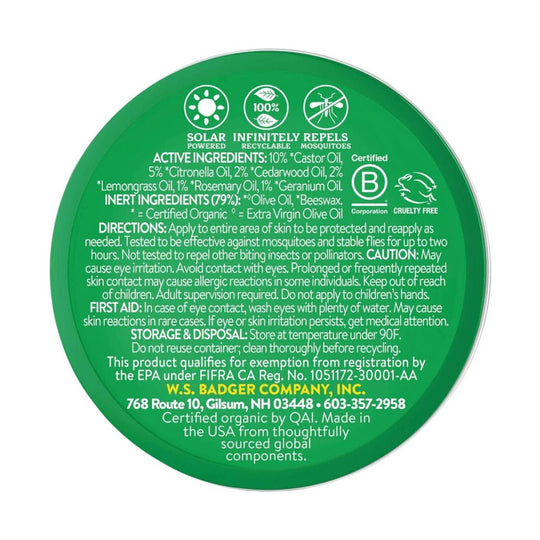 Green round tin lid with white product text and icons for solar-powered, recyclable, and mosquito repellent