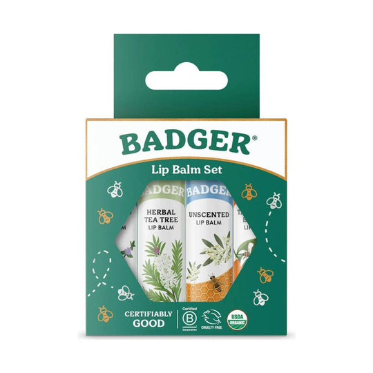 Green boxed set of four lip balms with a clear window and bee icons