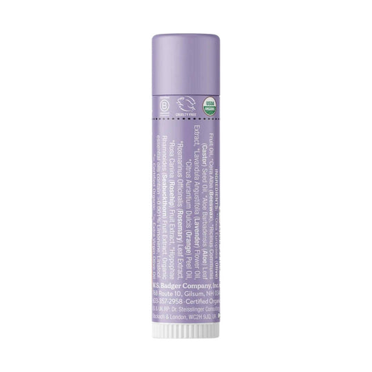 Purple lip balm tube shown upright with ingredient text and USDA Organic badge