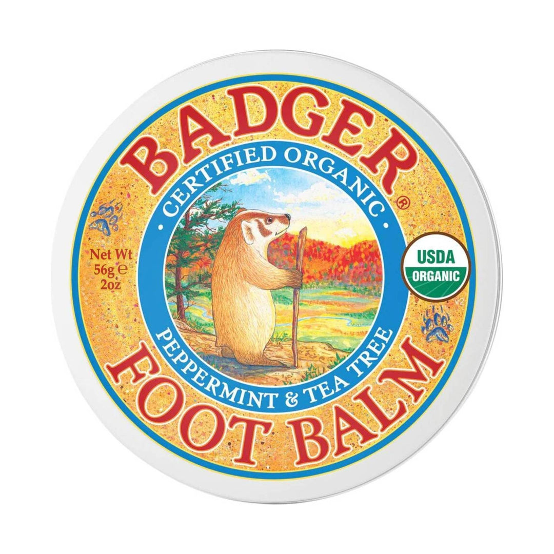 Round tin lid labeled Badger with a badger illustration and USDA Organic seal
