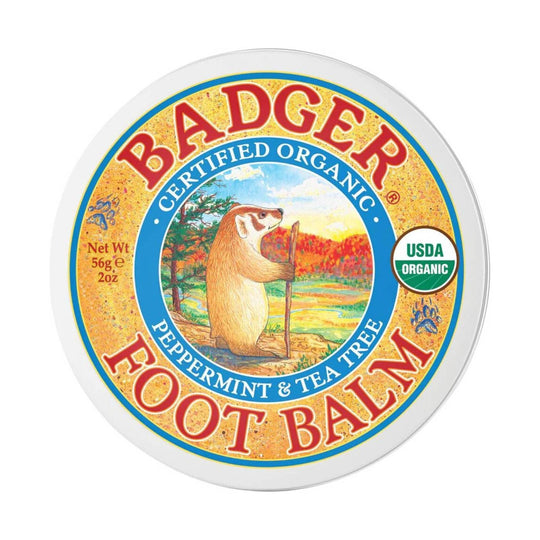 Round tin lid labeled Badger with a badger illustration and USDA Organic seal