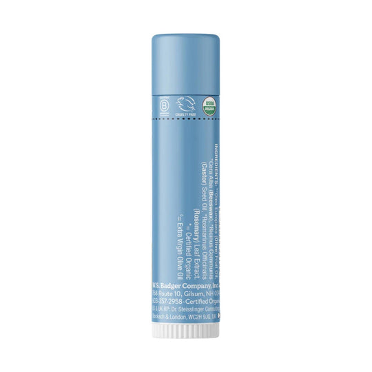 Blue lip balm tube with USDA Organic and cruelty-free labels